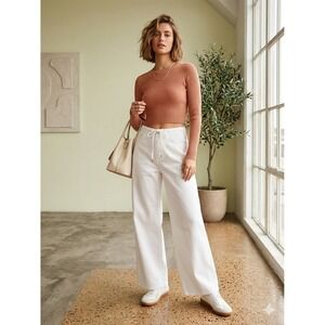 White Wide Leg Drawstring Denim Jeans High Waisted Cotton Blend Size Medium